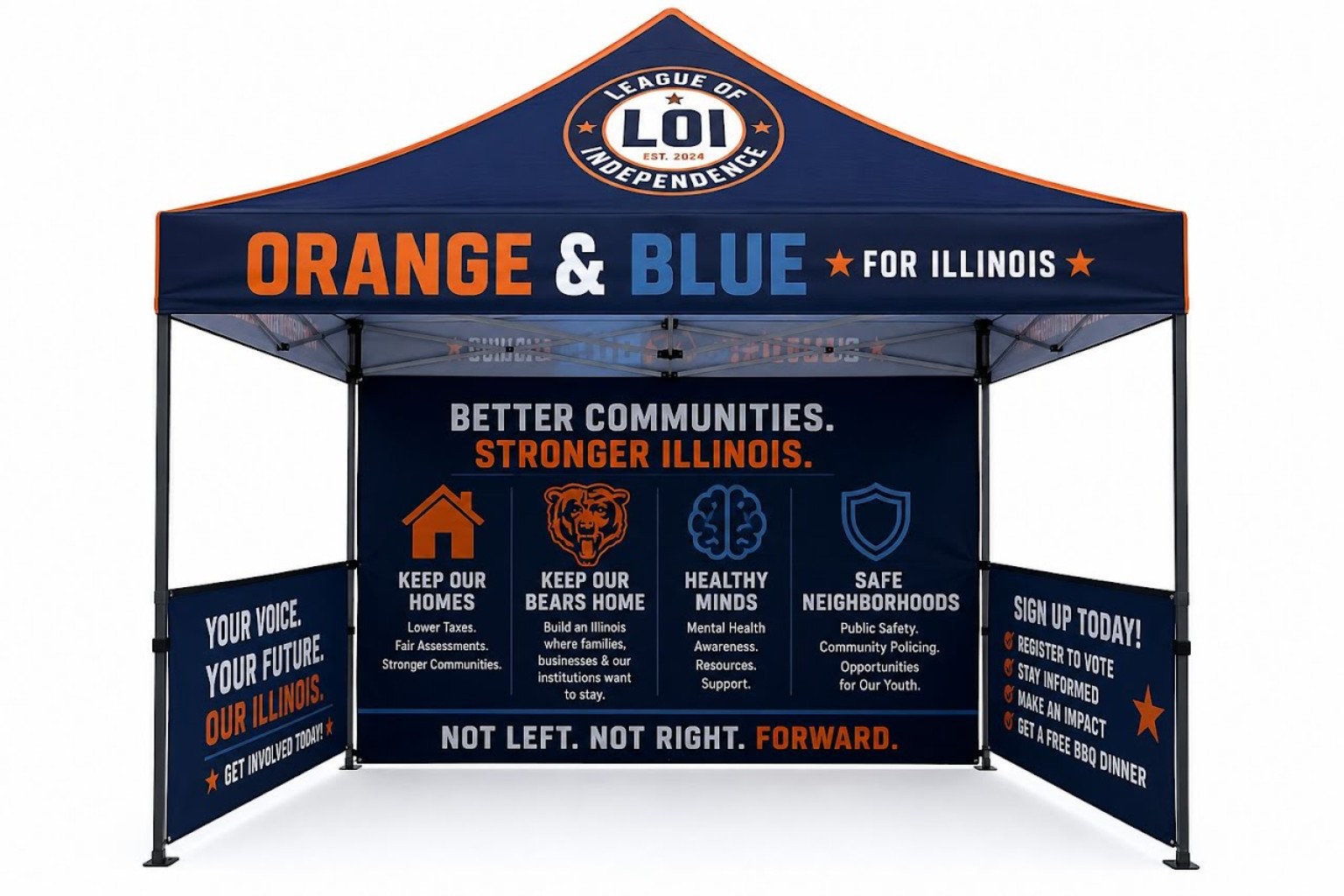 Concept rendering of an Orange and Blue for Illinois community engagement booth